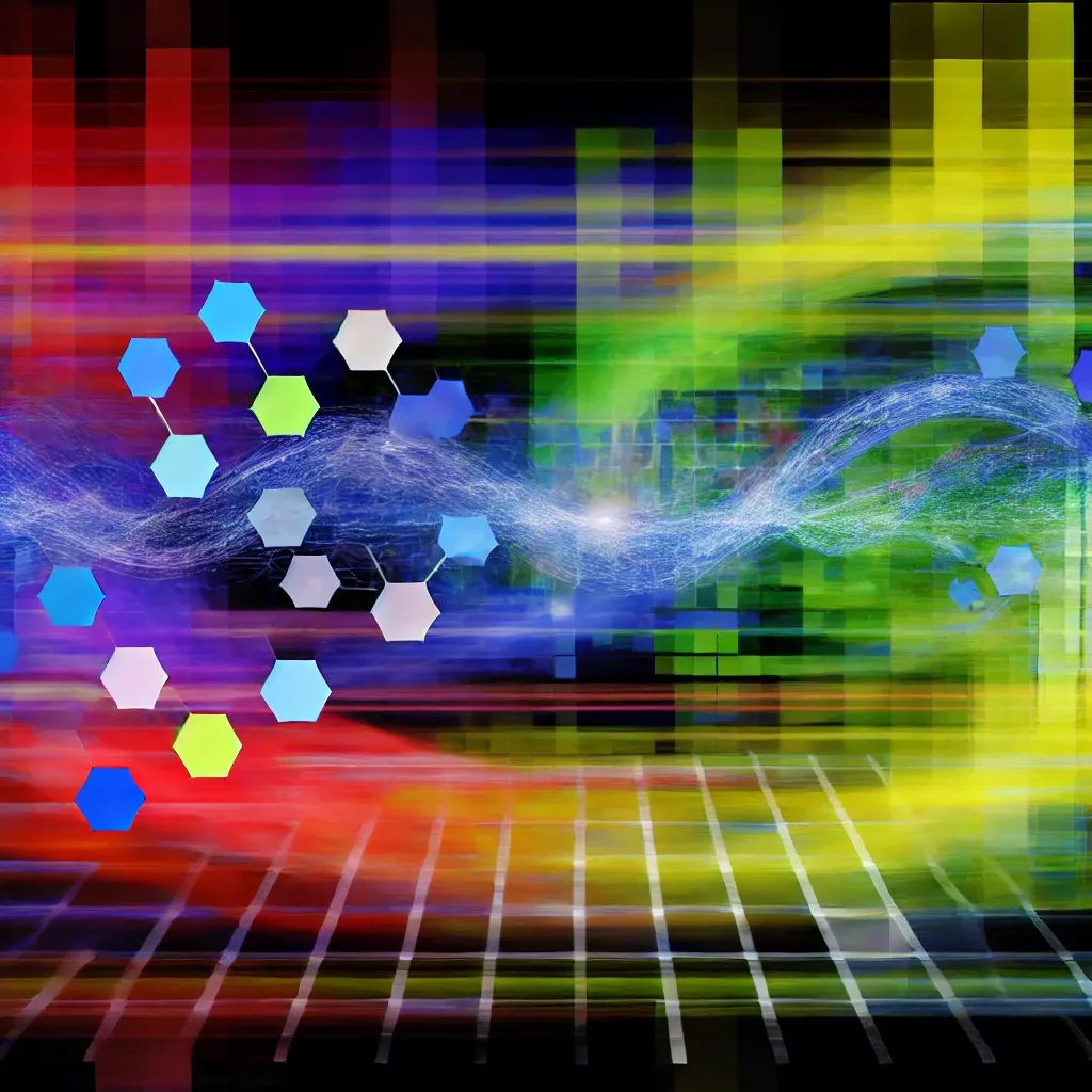 The image is abstract, filled with vibrant colors like blue, green, red, yellow, and purple, featuring geometric shapes and flowing lines that symbolize data transfer and connectivity in a digital environment. It represents energy, dynamism, and an interconnected network.